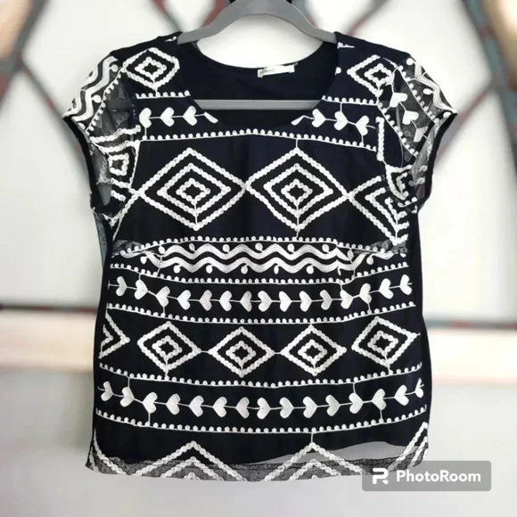 Lavand. Black Cream Embroidered Mesh Blouse With Chiffon Underlay Size SMALL - Picture 2 of 5